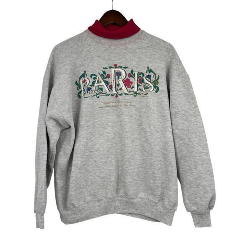 Vintage Paris France gray pullover mockneck sweatshirt flower florals size XL